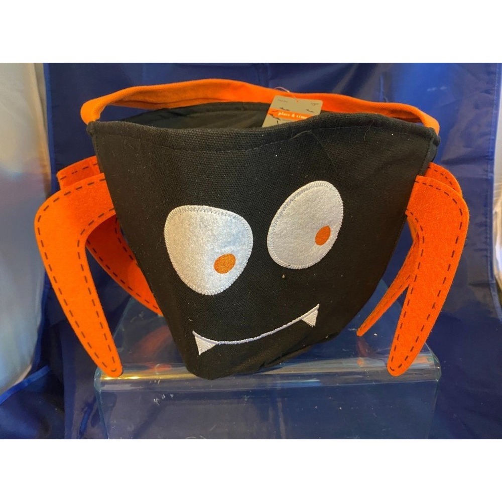 Place & Time Halloween Spider Treat Bag Black Orange Canvas Bucket 1739-5757 NWT